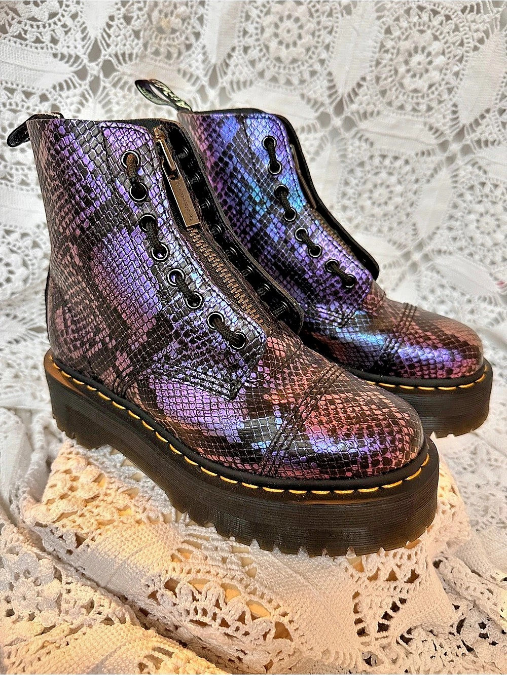 Dr. Martens Sinclair Snake Print Embossed Leather Platform Boots Purple Blue Sz7